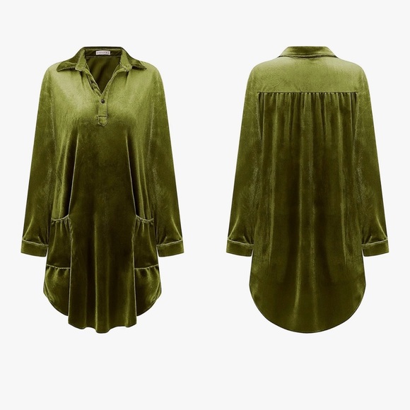 Large r. Vivimos Womens Velvet Long Sleeve Pocket Casual Mini Shirt Dress green - Picture 4 of 14